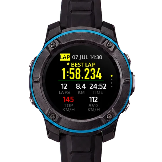 STINT 賽道場次摘要畫面：最佳圈 1:58.234、12 圈、最高速 145 km/h